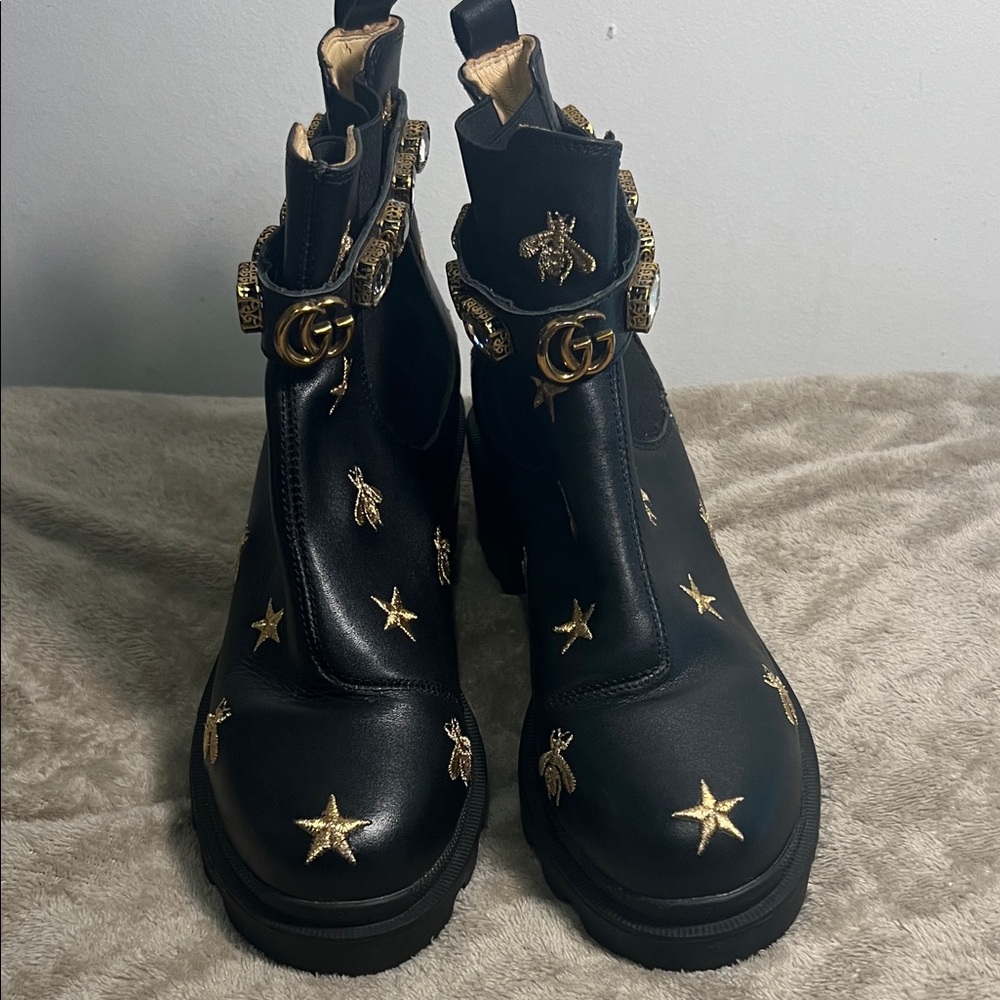 Black and Gold Embellished Ankle Boots